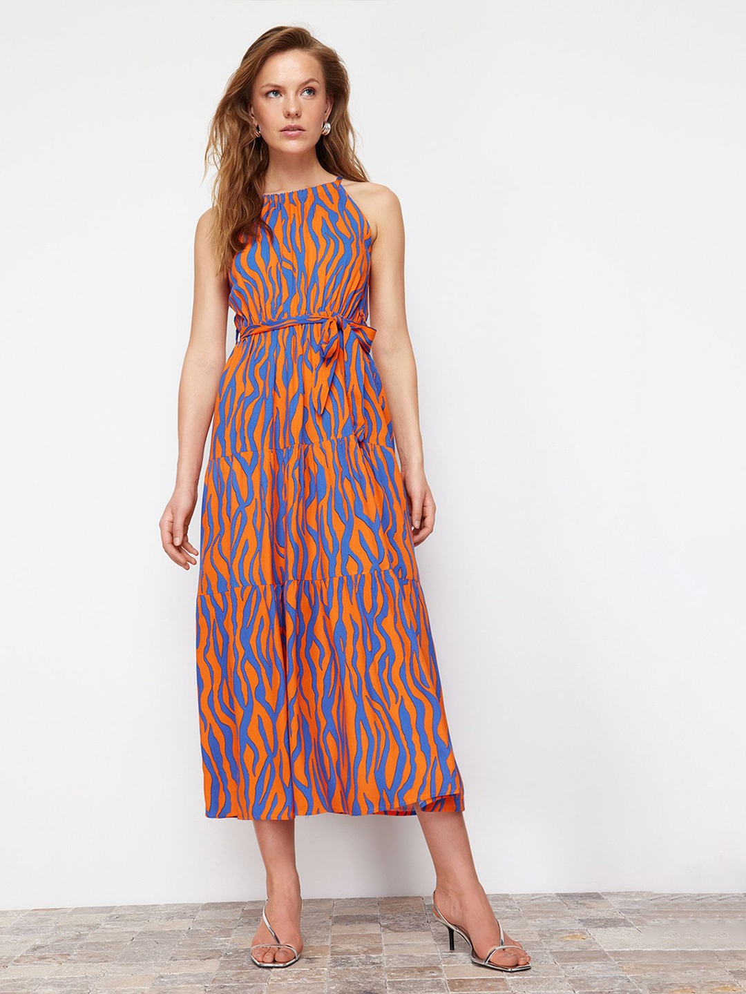

Trendyol Printed Round Neck Fit & Flare Midi Dress, Orange