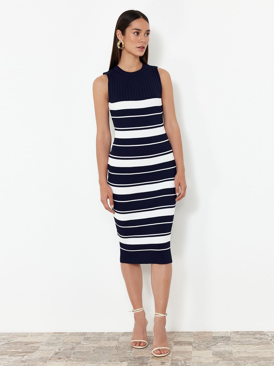 

Trendyol Striped Round Neck Bodycon Dress, Navy blue