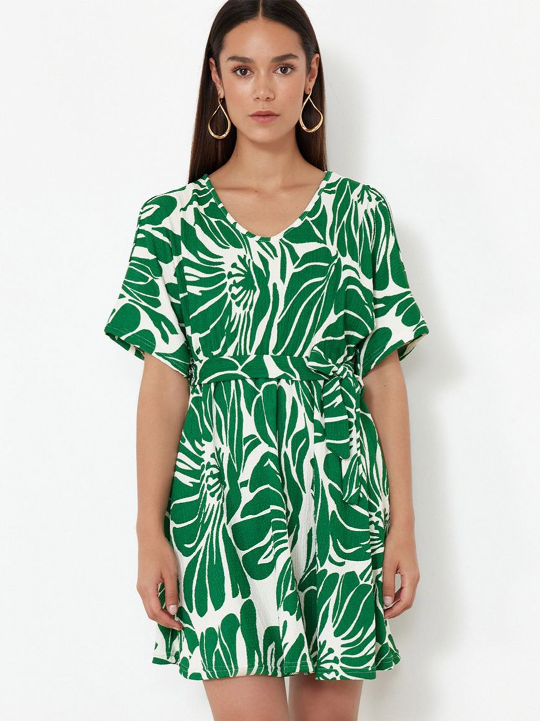

Trendyol Printed V Neck Fit & Flare Dress, Green