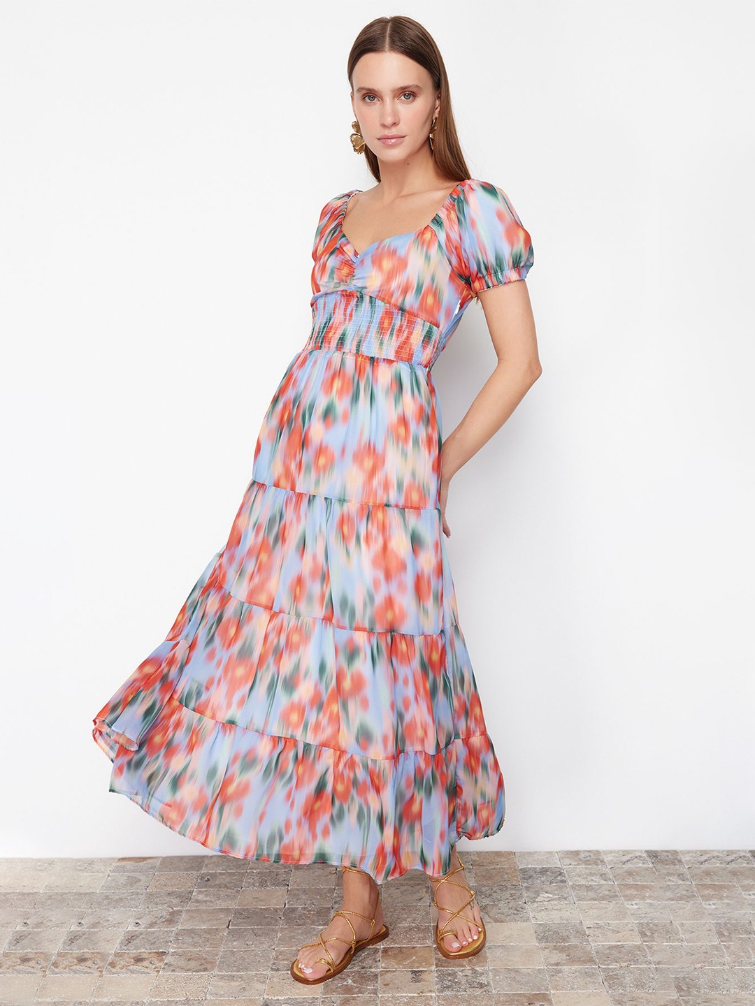 

Trendyol Sweetheart Neck Tie and Dye Printed Puff Sleeve Maxi Dress, Blue