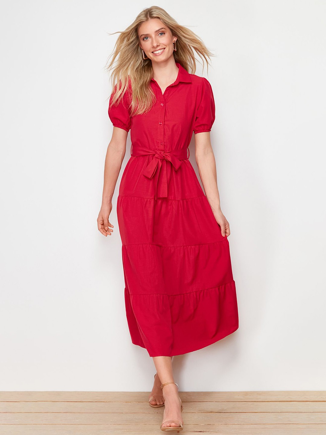 

Trendyol Women Shirt Collar Puff Sleeve Cotton Shirt Midi Dress, Red