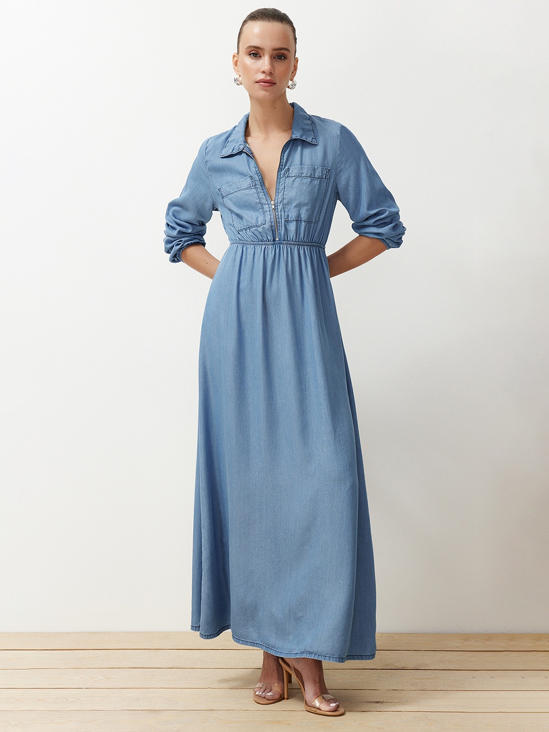 

Trendyol Shirt Collar Long Puff Sleeves Cotton Maxi Dress, Blue