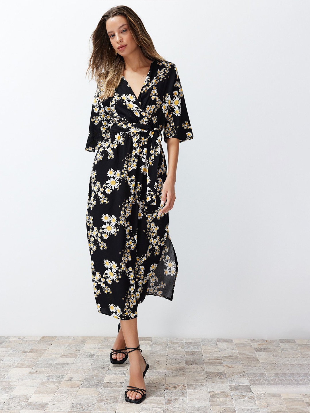 

Trendyol Floral Printed V-Neck Wrap Midi Dress, Black