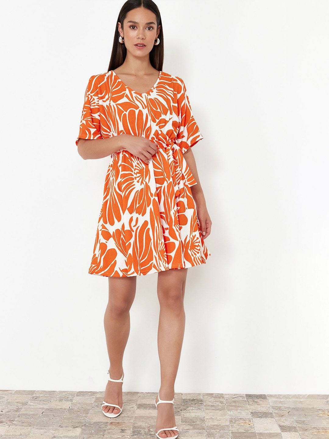 

Trendyol Printed V Neck Fit & Flare Dress, Orange