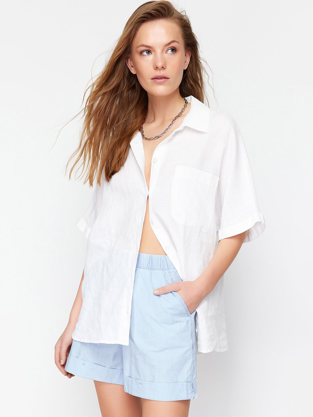 

Trendyol Women Mid Rise Pure Cotton Shorts, Blue