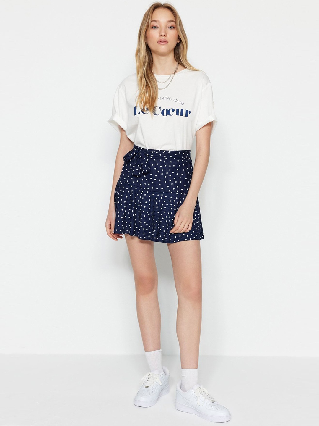 

Trendyol Polka Dots Printed Flared Mini Skorts, Navy blue