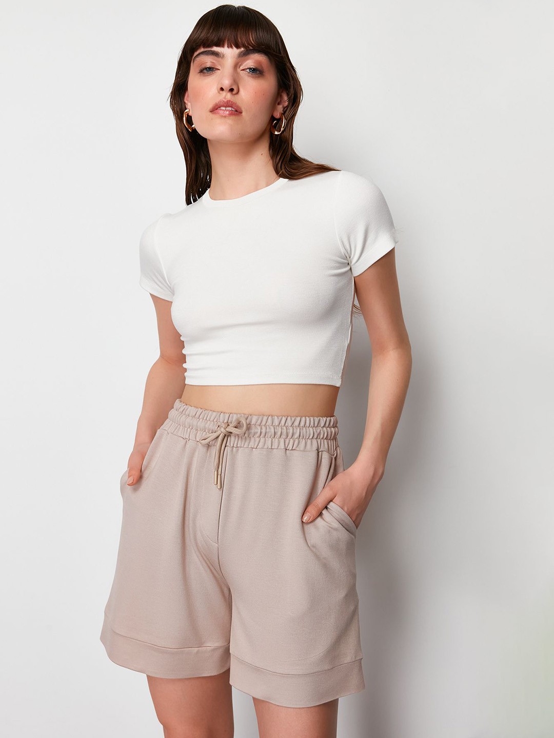 

Trendyol Women Mid-Rise Regular Shorts, Beige