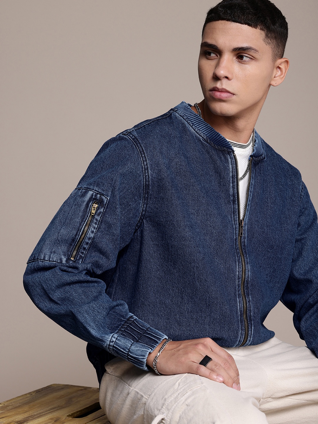 

The Roadster Life Co. Stand Collar Pure Cotton Denim Bomber Jacket, Blue