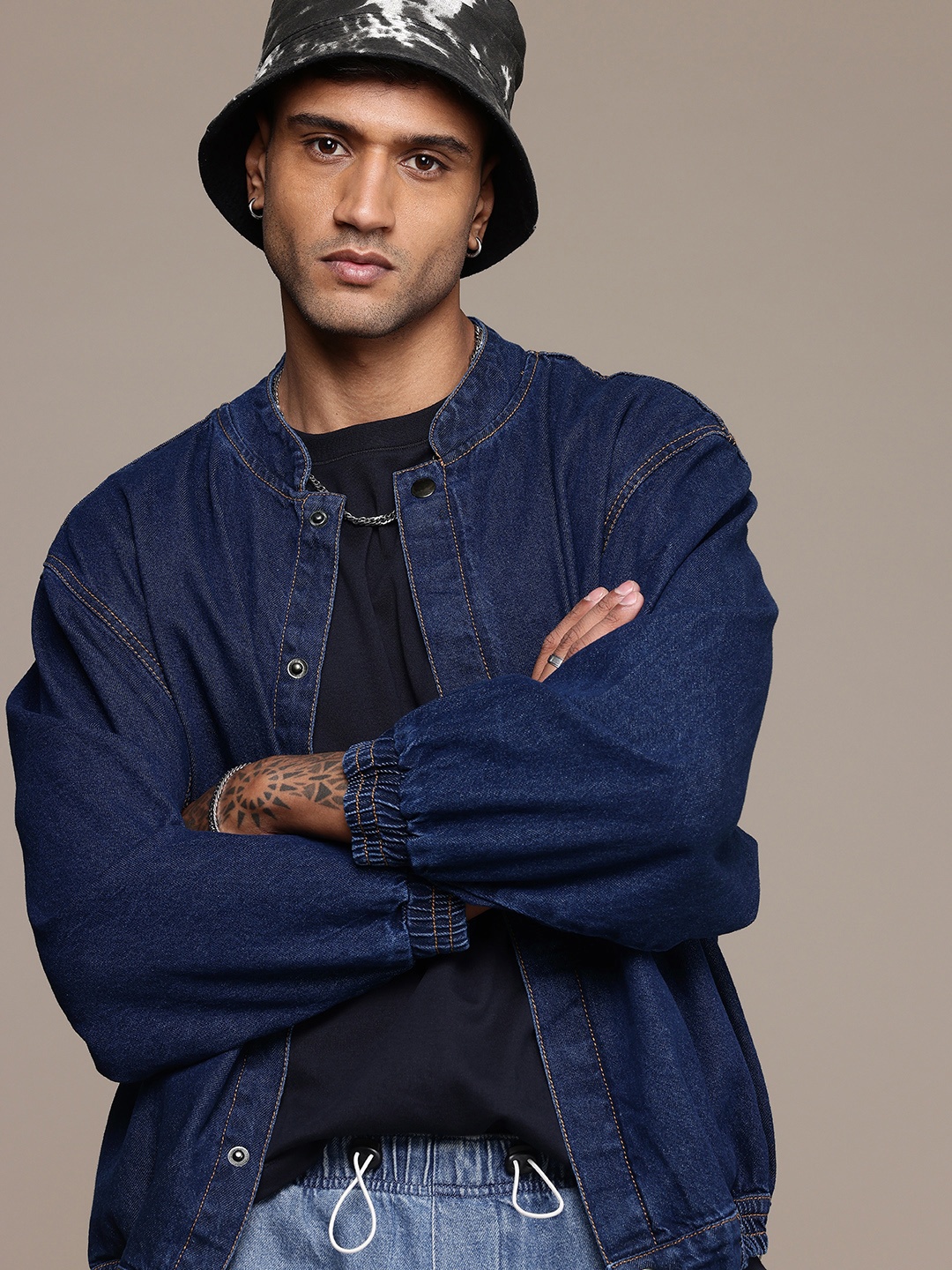 

The Roadster Life Co. Pure Cotton Oversized Denim Bomber Jacket, Blue