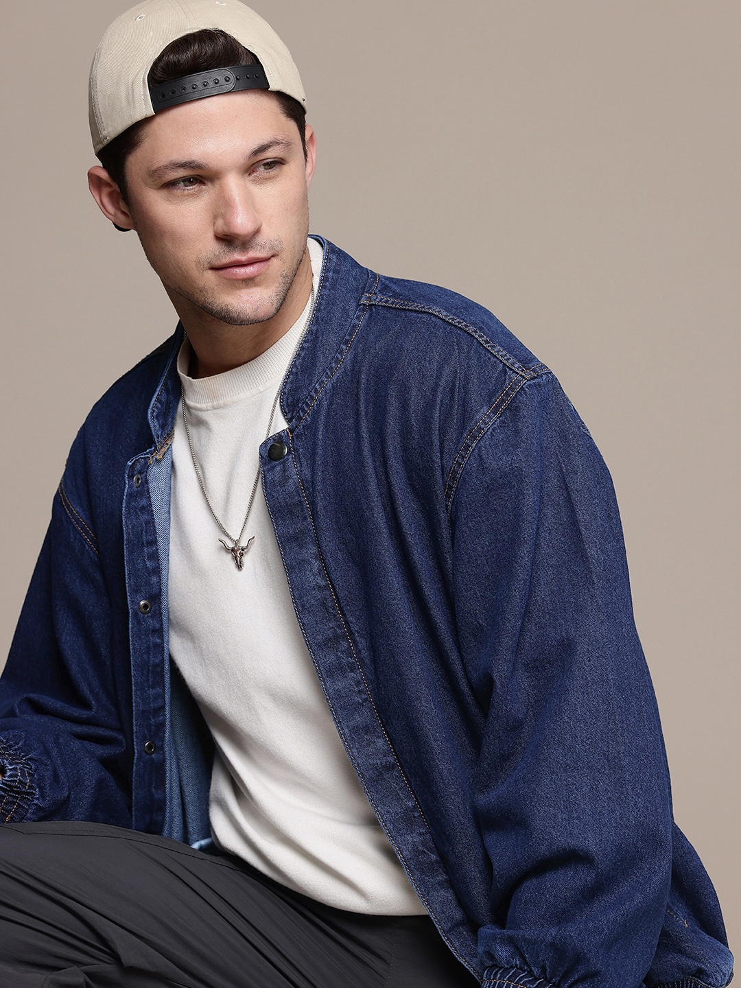 

The Roadster Life Co. Pure Cotton Oversized Denim Bomber Jacket, Blue