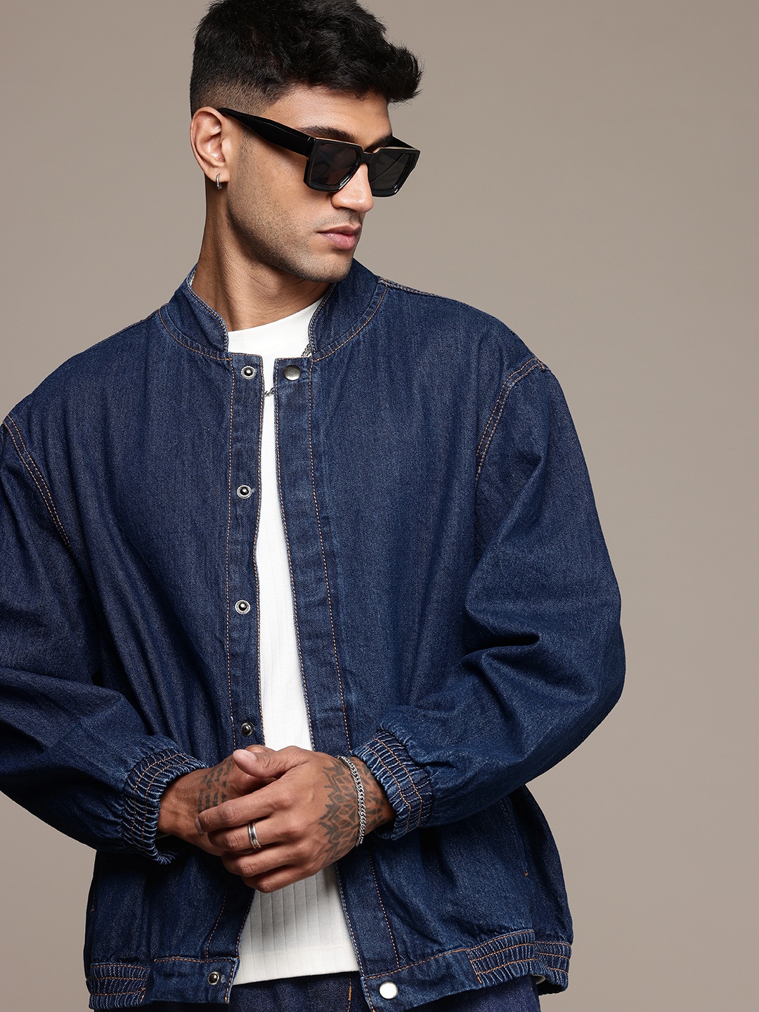 

The Roadster Life C. Pure Cotton Bomber Oversized Denim Jacket, Blue