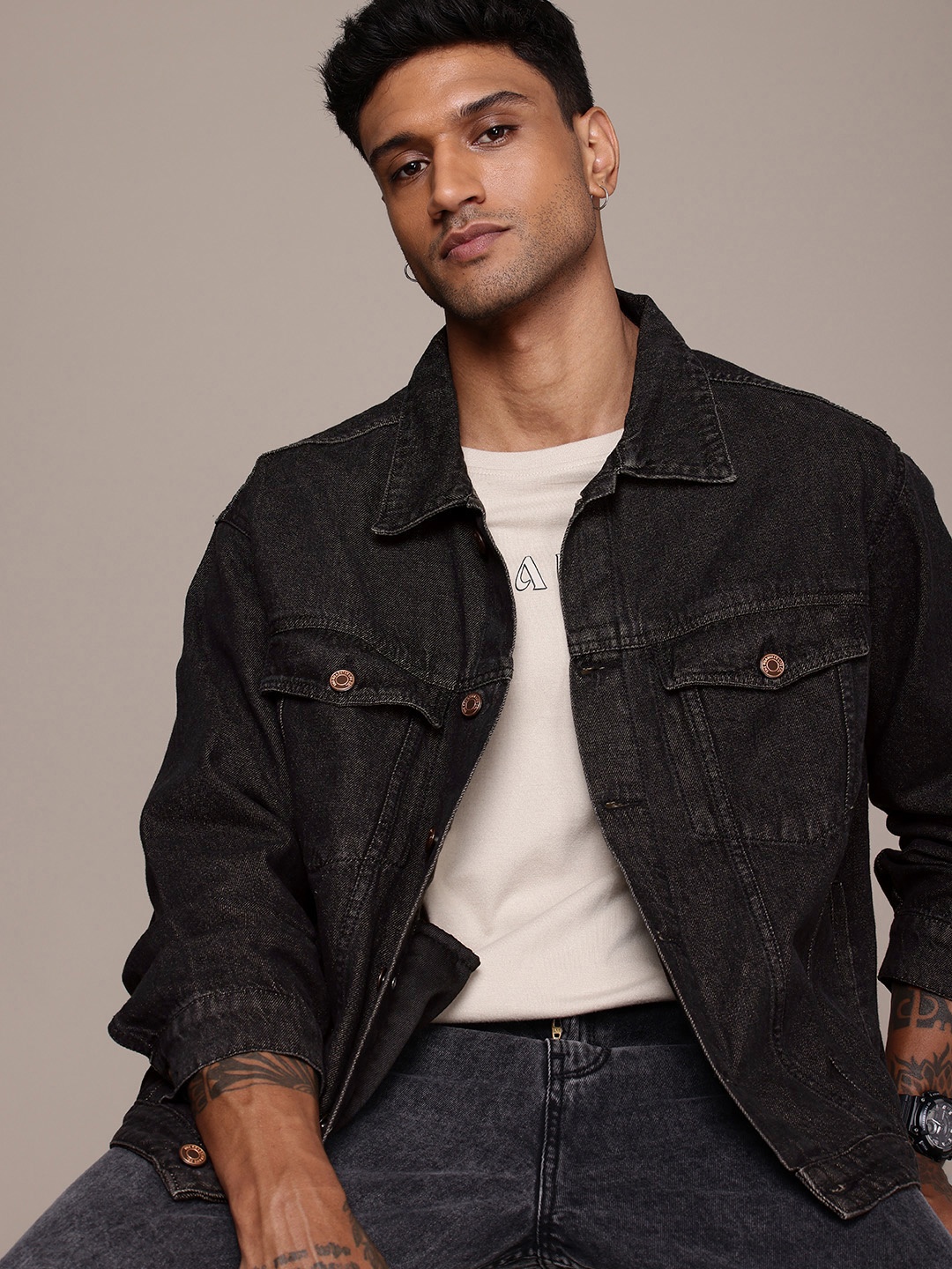 

The Roadster Life Co. Oversized Fit Pure Cotton Denim Trucker Jacket, Charcoal