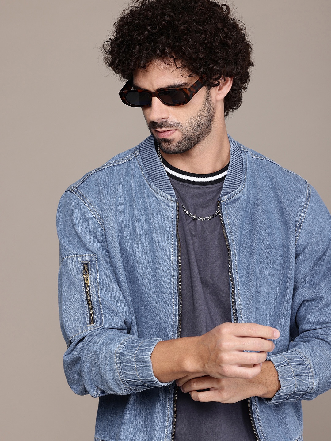 

The Roadster Life Co. Pure Cotton Denim Bomber Jacket, Blue