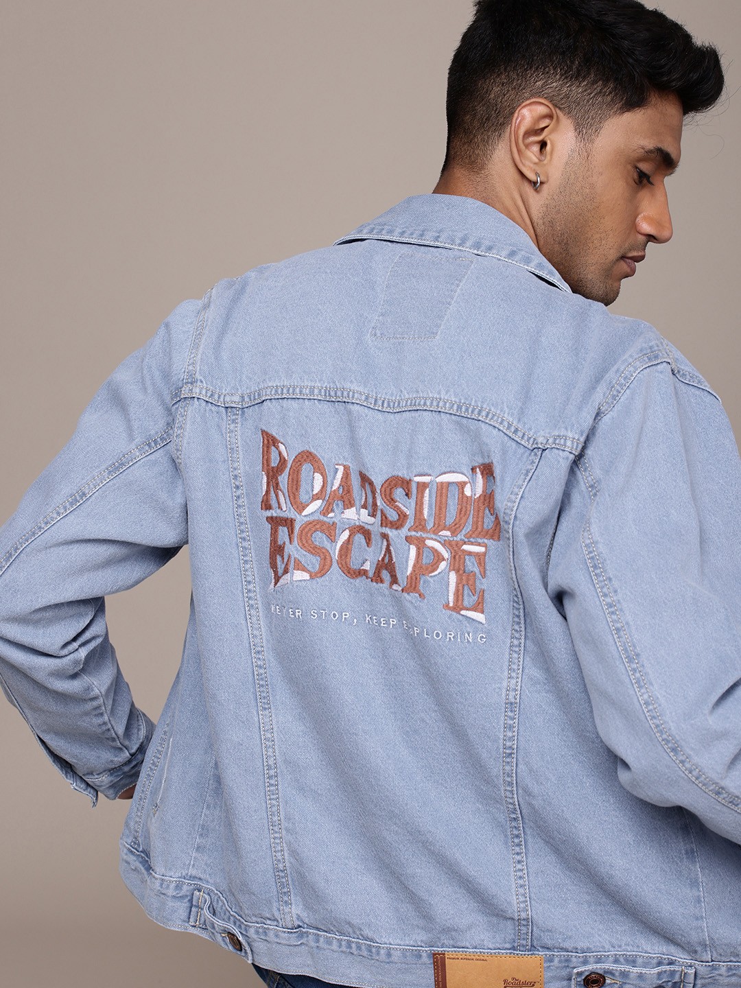

The Roadster Life Co. Typography Embroidered Pure Cotton Denim Truckers Jacket, Blue