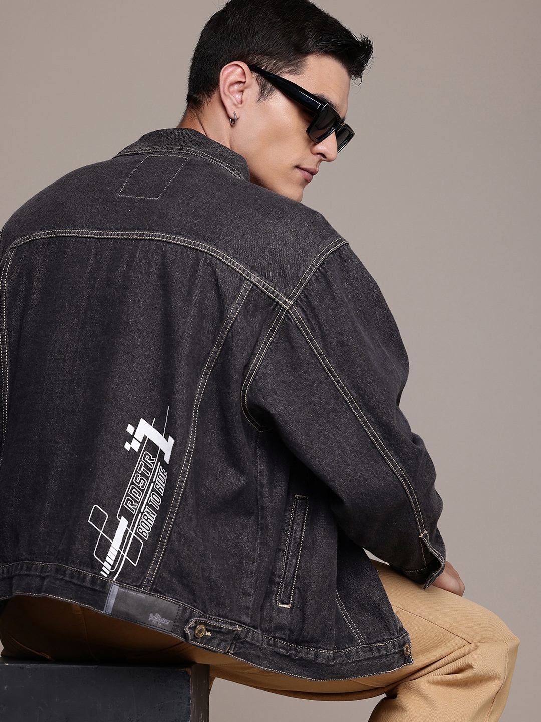 

The Roadster Life Co. Typography Printed Oversized Pure Cotton Denim Jacket, Charcoal