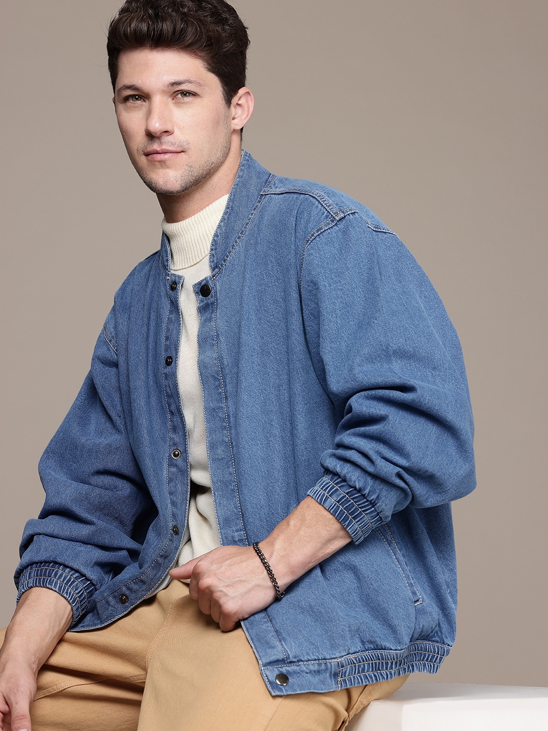

The Roadster Life C. Pure Cotton Bomber Oversized Denim Jacket, Blue