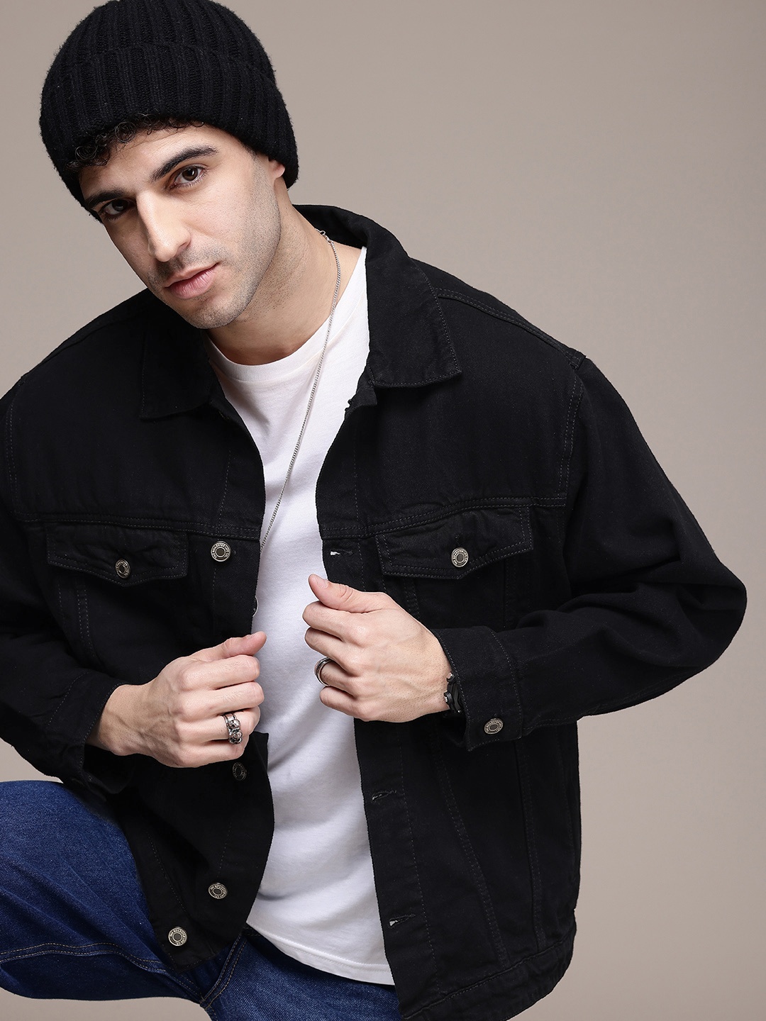 

The Roadster Life Co. Oversized Trucker Pure Cotton Denim Jacket, Black