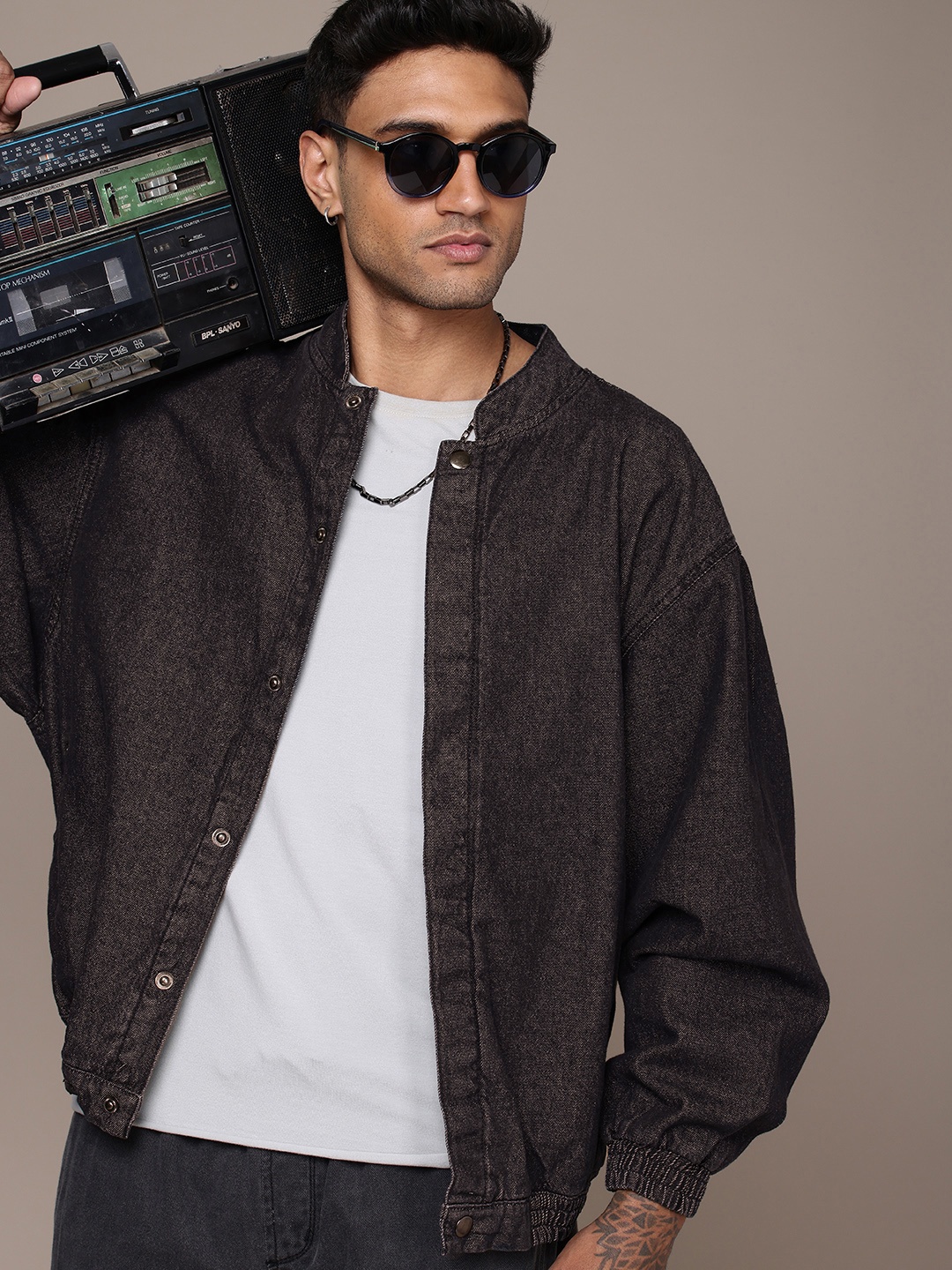 

The Roadster Life Co. Pure Cotton Bomber Denim Oversized Jacket, Black