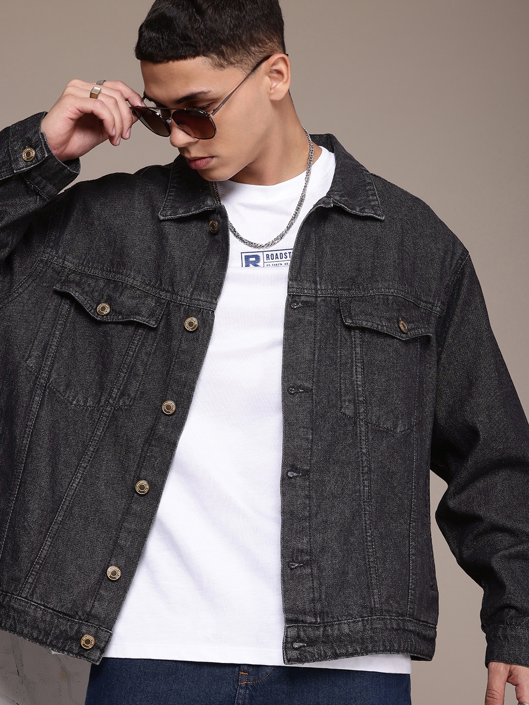 

The Roadster Life Co. Oversized Pure Cotton Denim Trucker Jacket, Charcoal