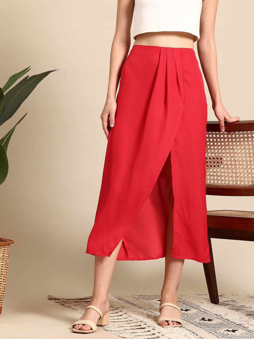 

Mast & Harbour High Front Slit Pleated Wrap Skirt, Red