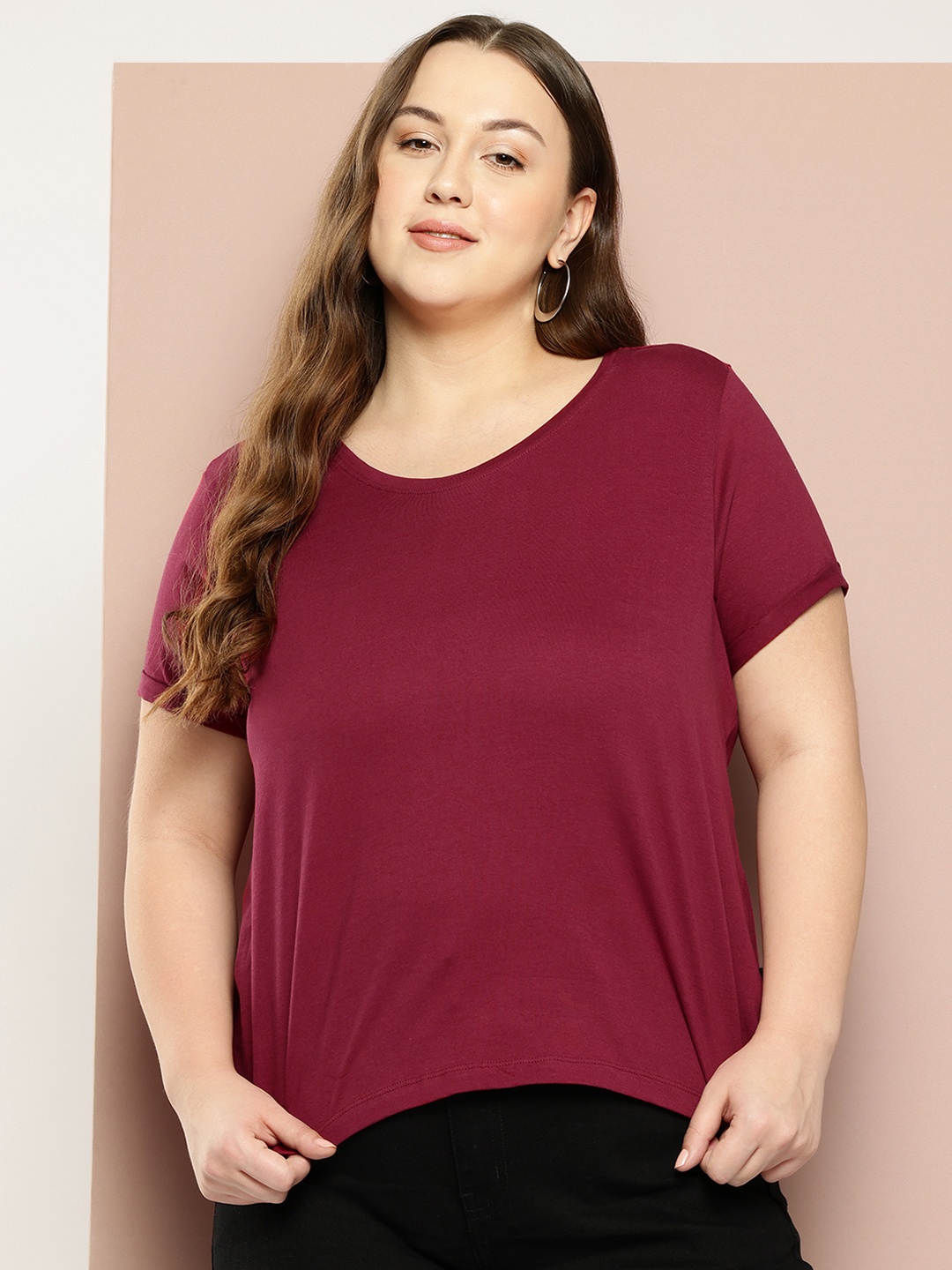 

Sztori Plus Size Pure Cotton T-shirt, Maroon