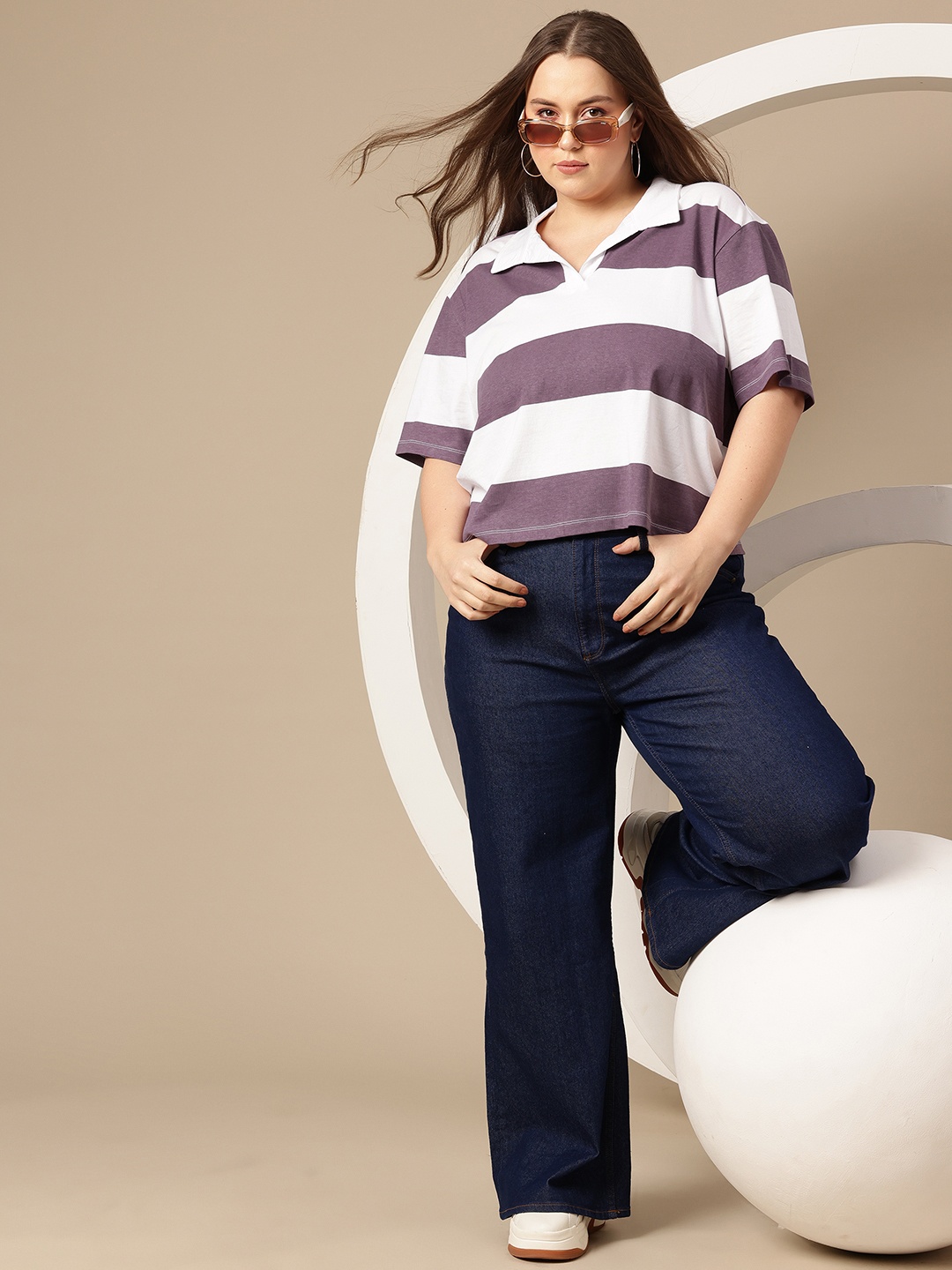 

Sztori Plus Size Striped Shirt Collar Pure Cotton T-shirt, White
