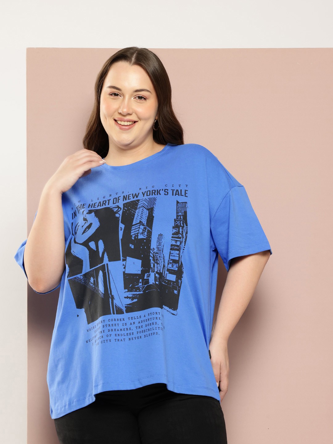 

Sztori Plus Size Printed Drop-Shoulder Pure Cotton T-shirt, Blue