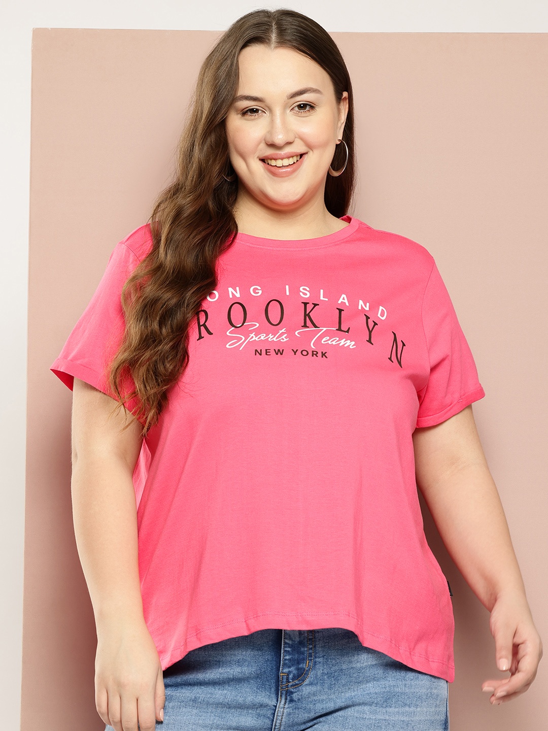 

Sztori Plus Size Typography Striped Pure Cotton T-shirt, Pink