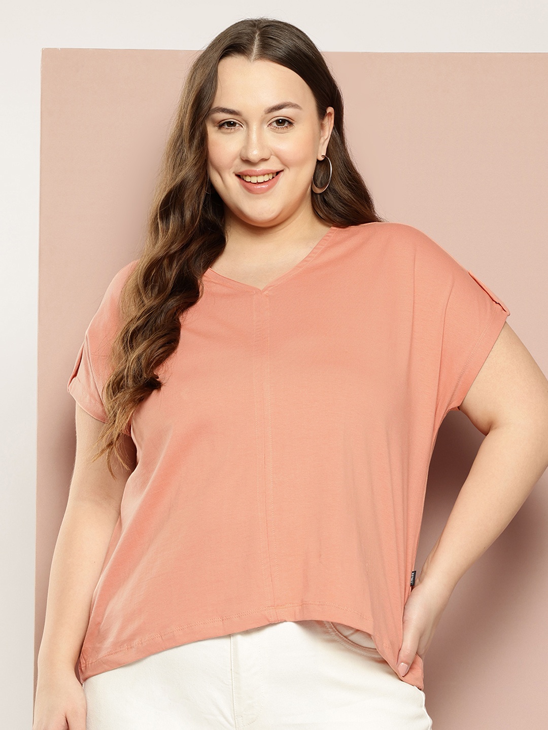

Sztori Plus Size Extended Sleeves Pure Cotton T-shirt, Peach