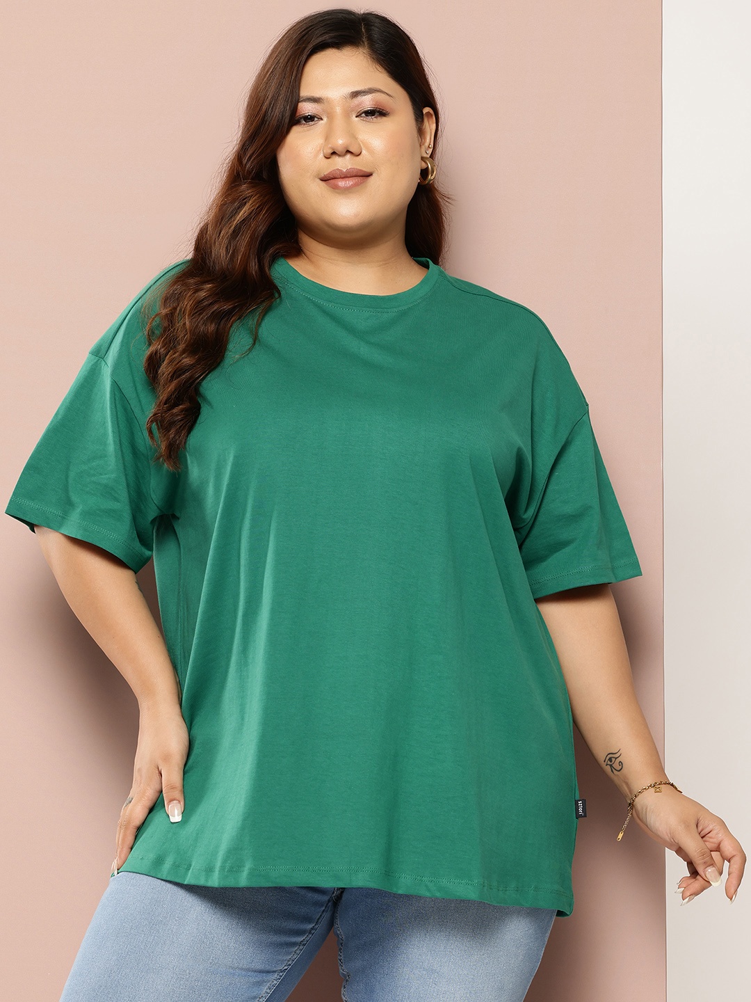 

Sztori Plus-Size Drop-Shoulder Sleeves Pure Cotton T-shirt, Green