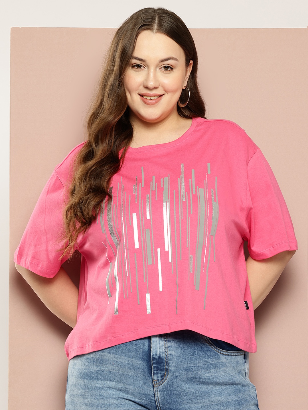 

Sztori Plus Size Printed Pure Cotton T-shirt, Pink