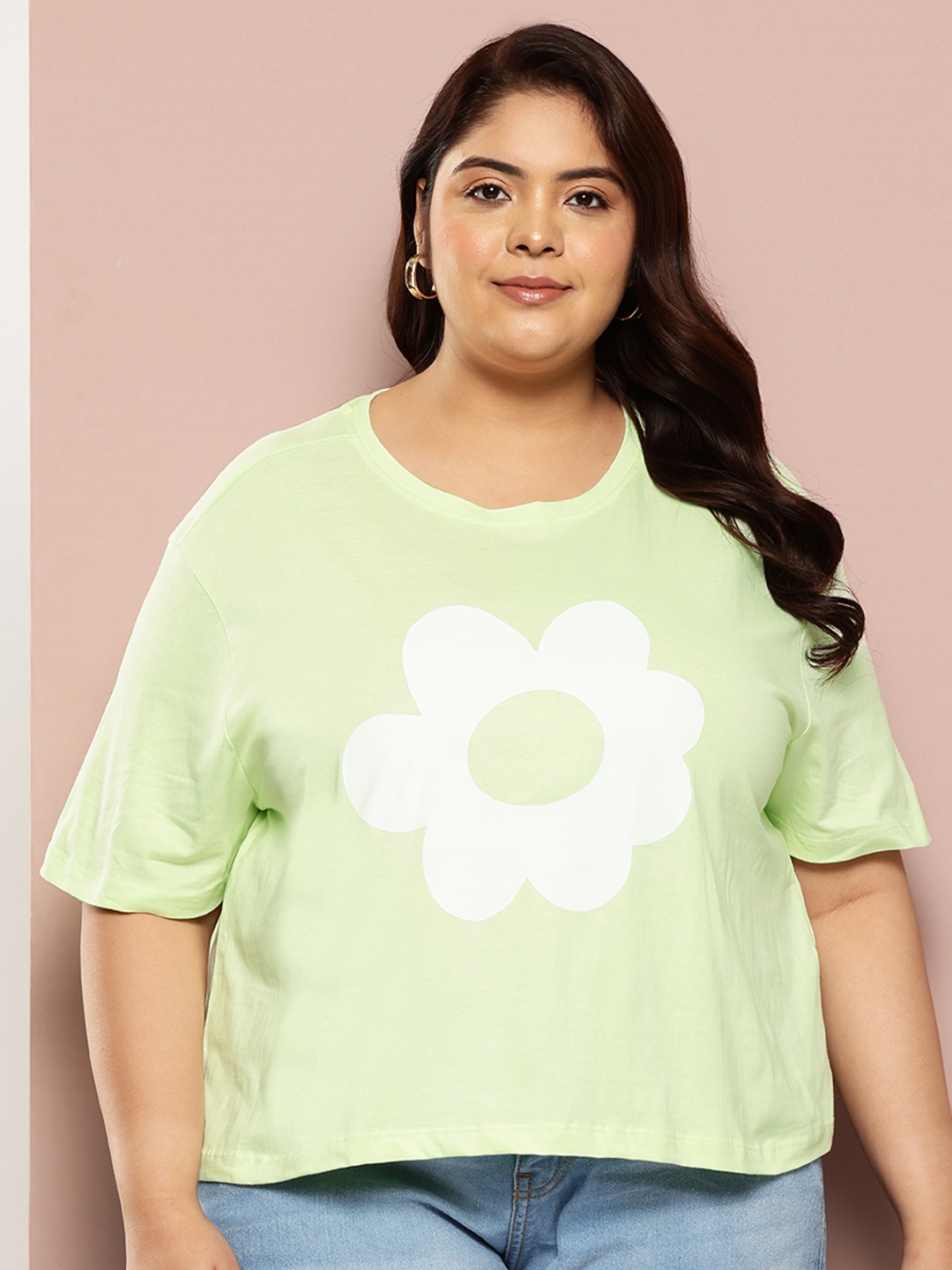 

Sztori Women Plus-Size Floral Printed Drop-Shoulder Sleeves Pure Cotton T-shirt, Fluorescent green