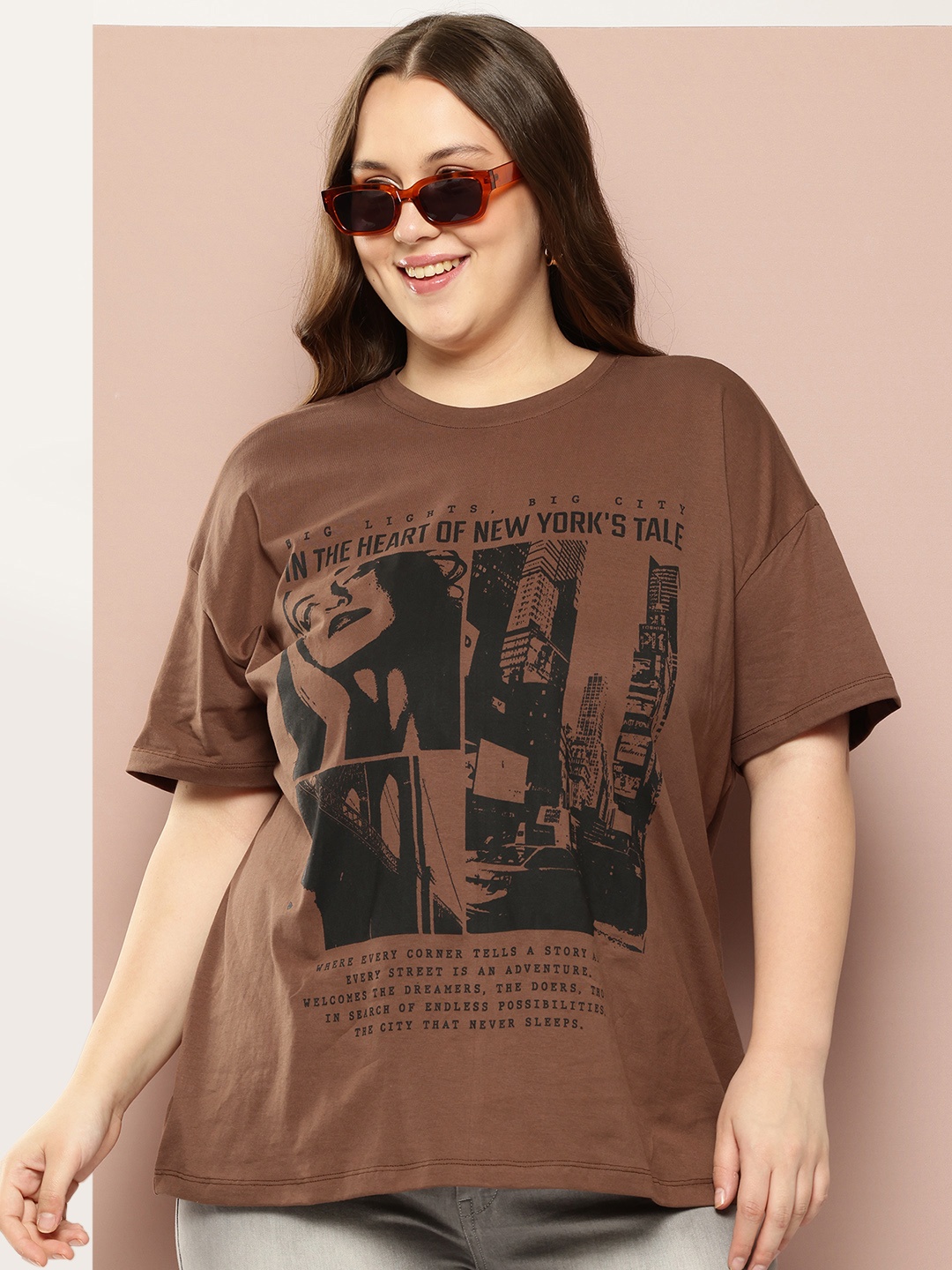 

Sztori Plus Size Printed Pure Cotton T-shirt, Brown