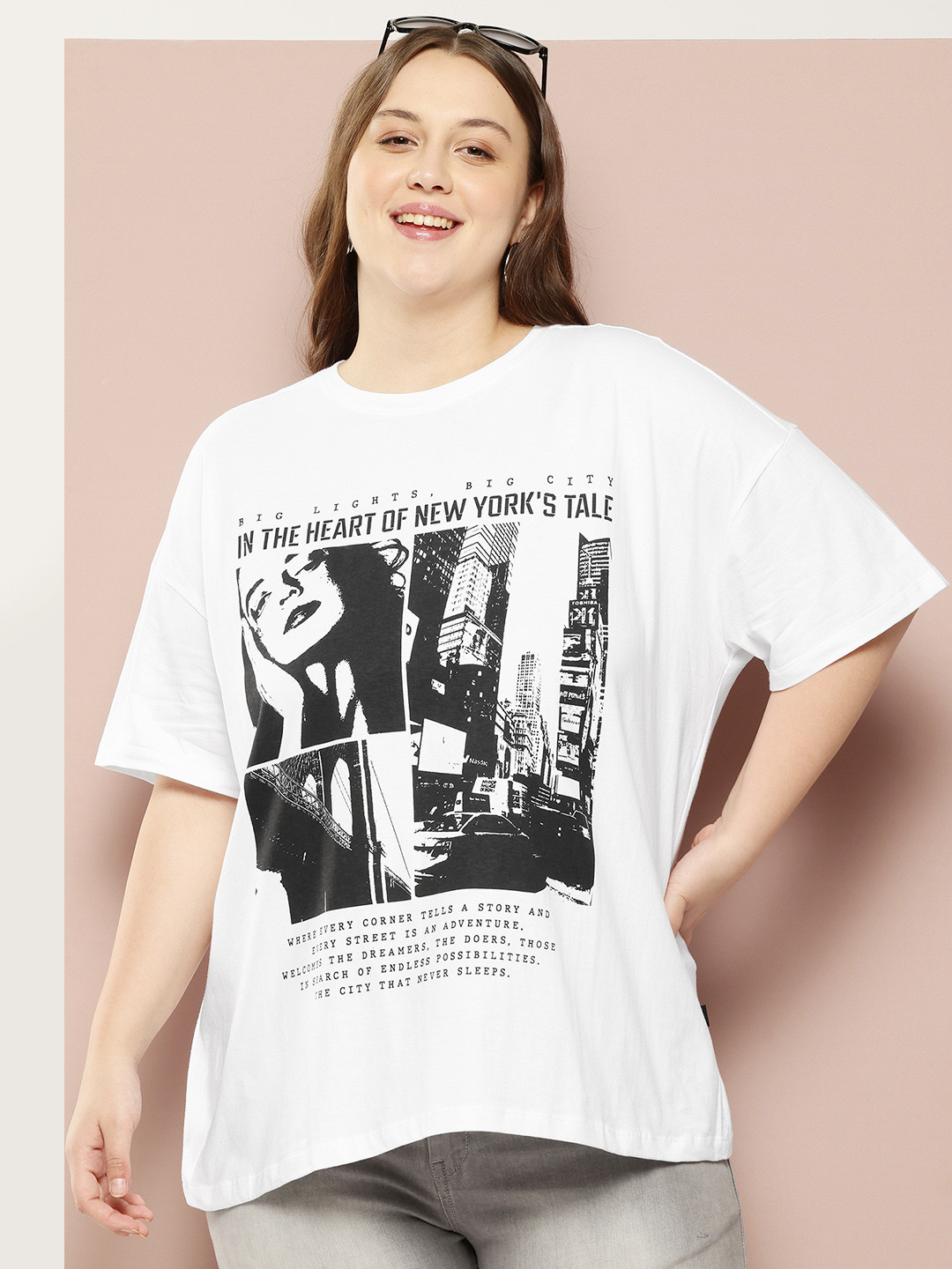 

Sztori Plus Size Printed Pure Cotton T-shirt, White