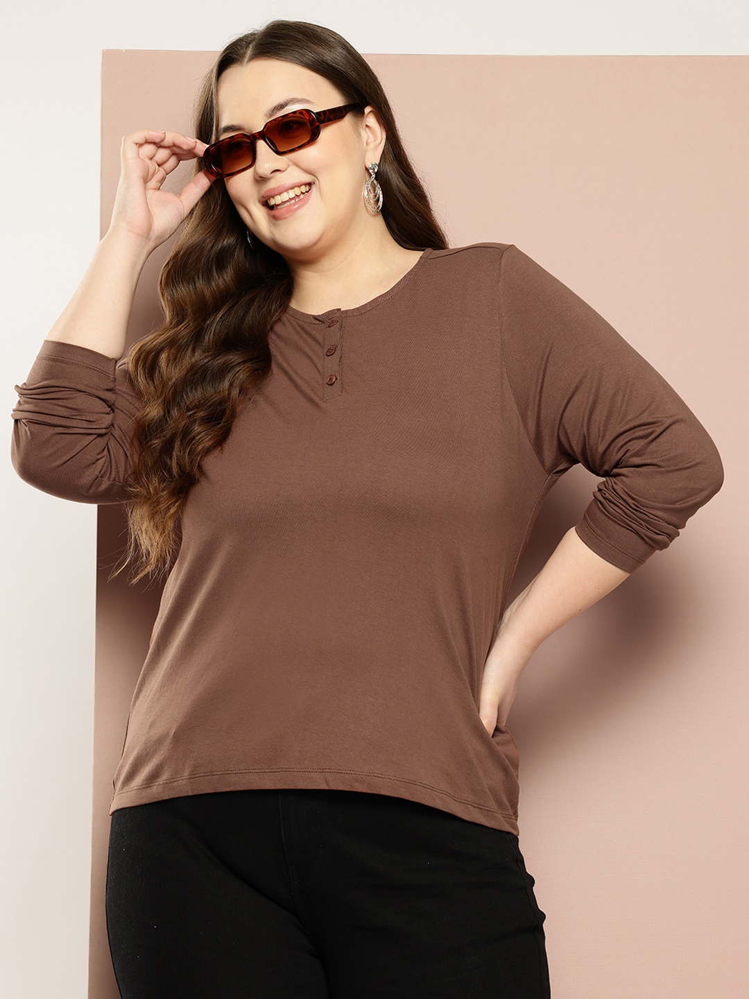 

Sztori Plus Size Henley Neck Pure Cotton T-shirt, Brown