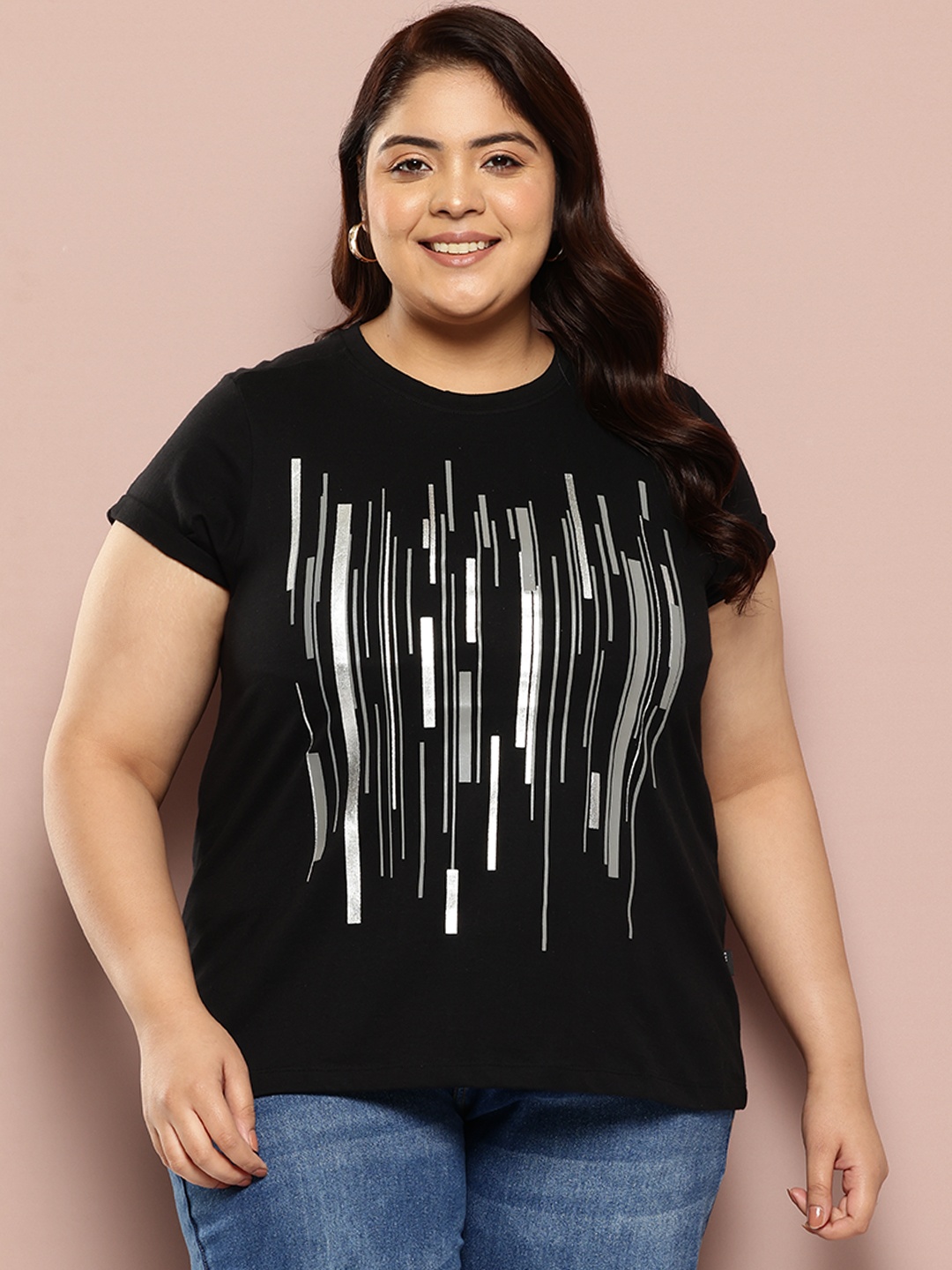

Sztori Plus Size Printed Pure Cotton T-shirt, Black