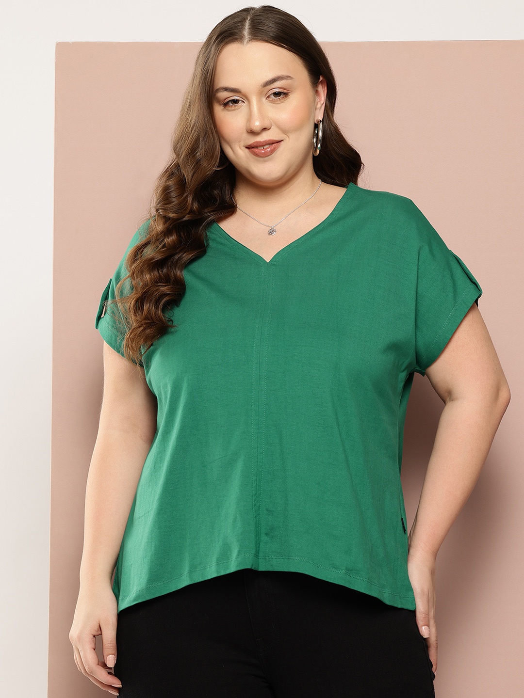 

Sztori Plus Size V-Neck Pure Cotton T-shirt, Green