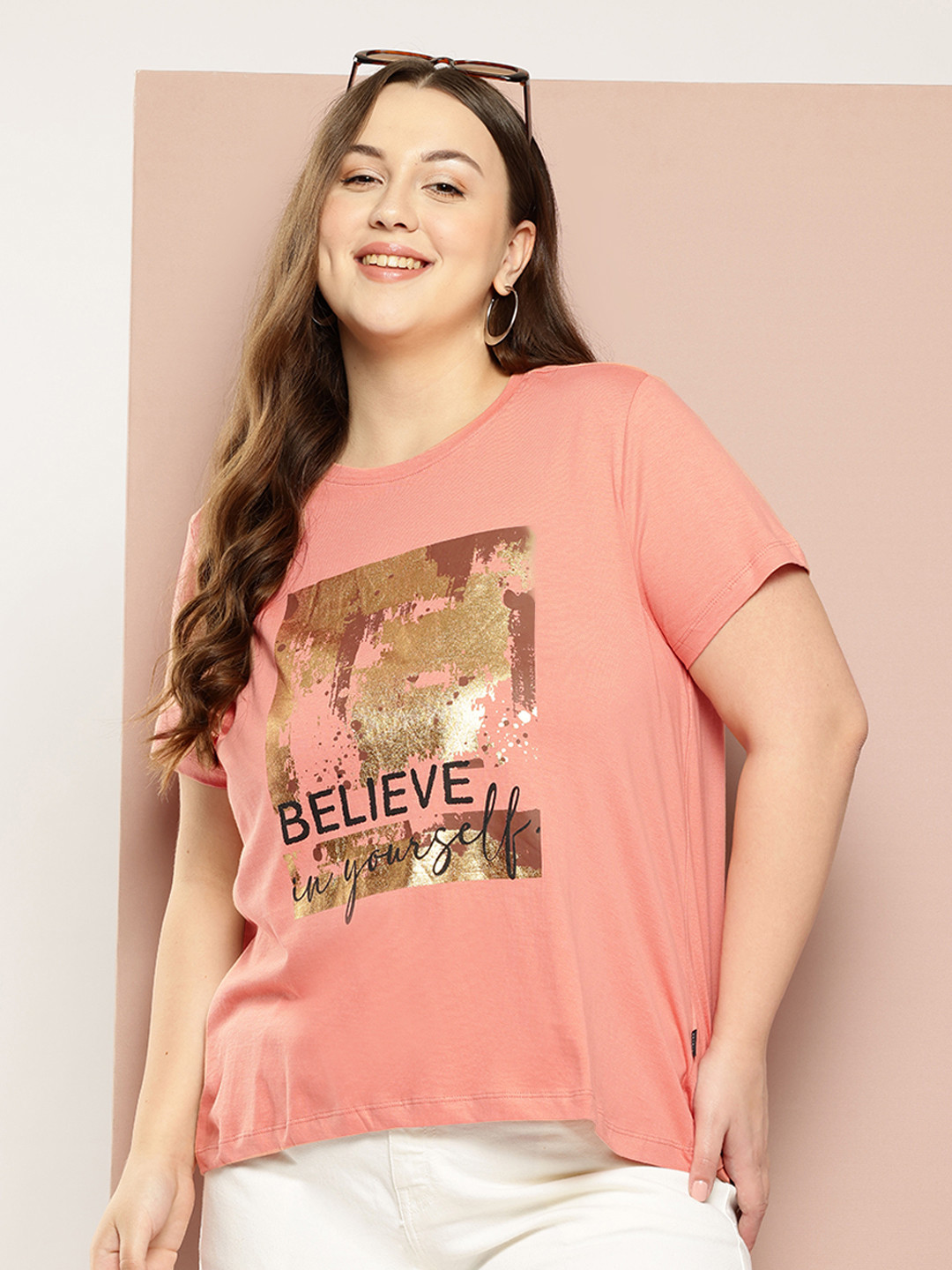 

Sztori Plus Size Typography Printed Pure Cotton T-shirt, Peach