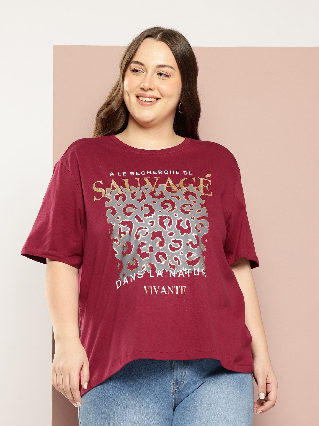 

Sztori Plus Size Printed Pure Cotton T-shirt, Maroon