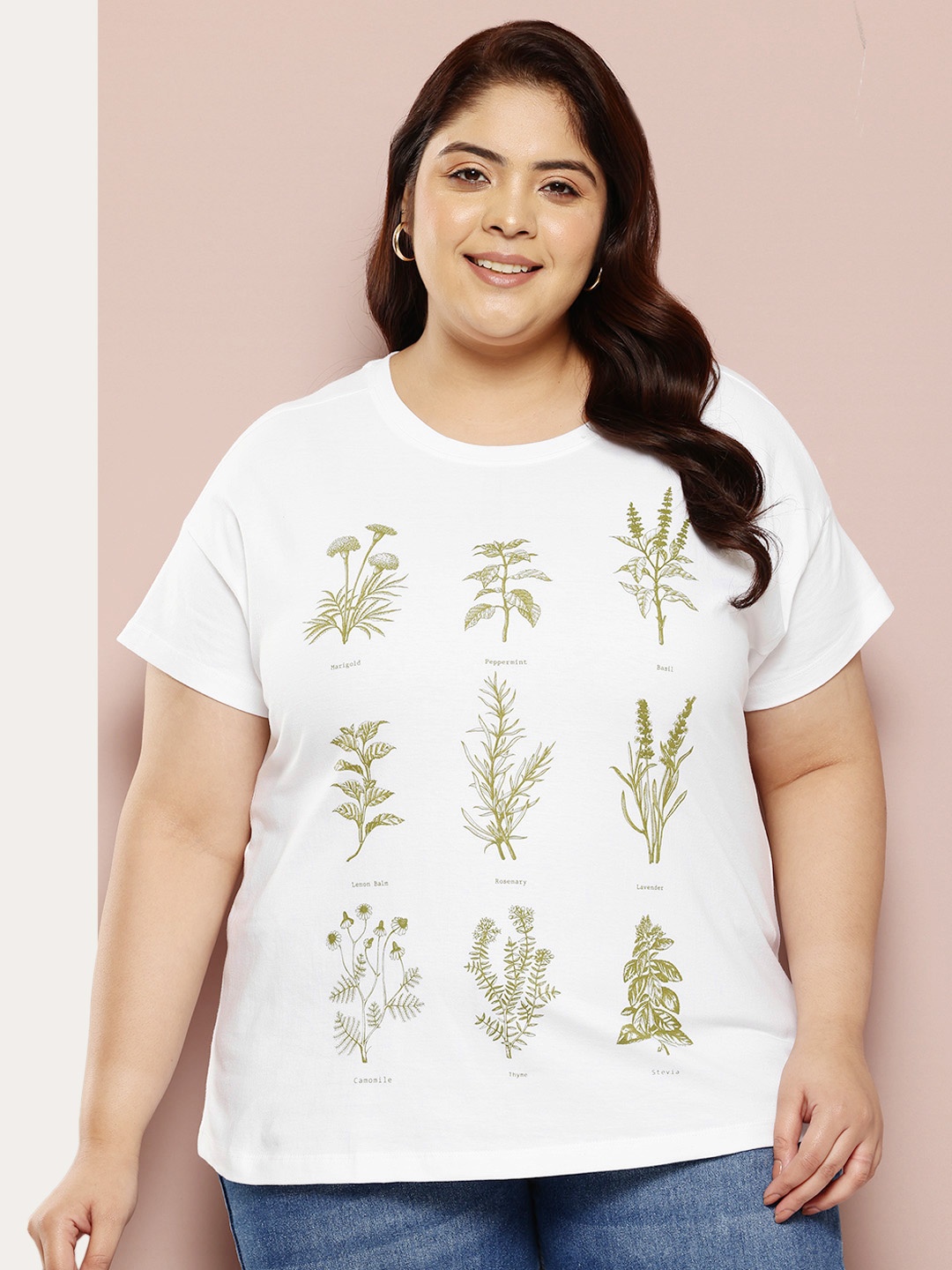 

Sztori Plus Size Floral Printed Pure Cotton T-shirt, White