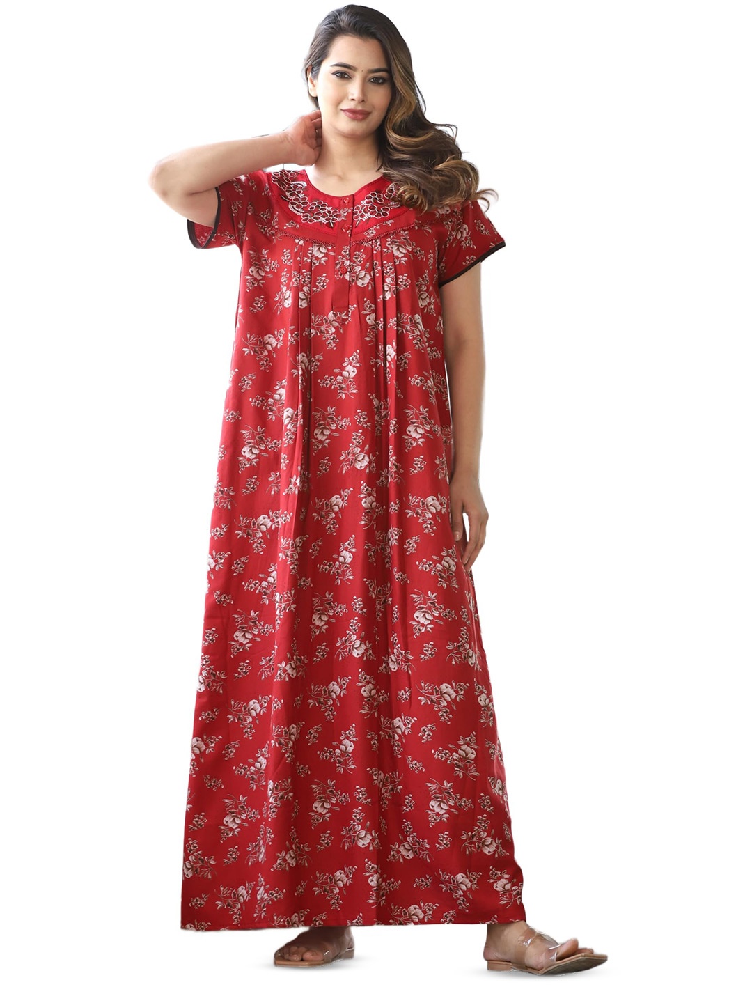 

G4Girl Printed Round Neck Maxi Nightdress, Red