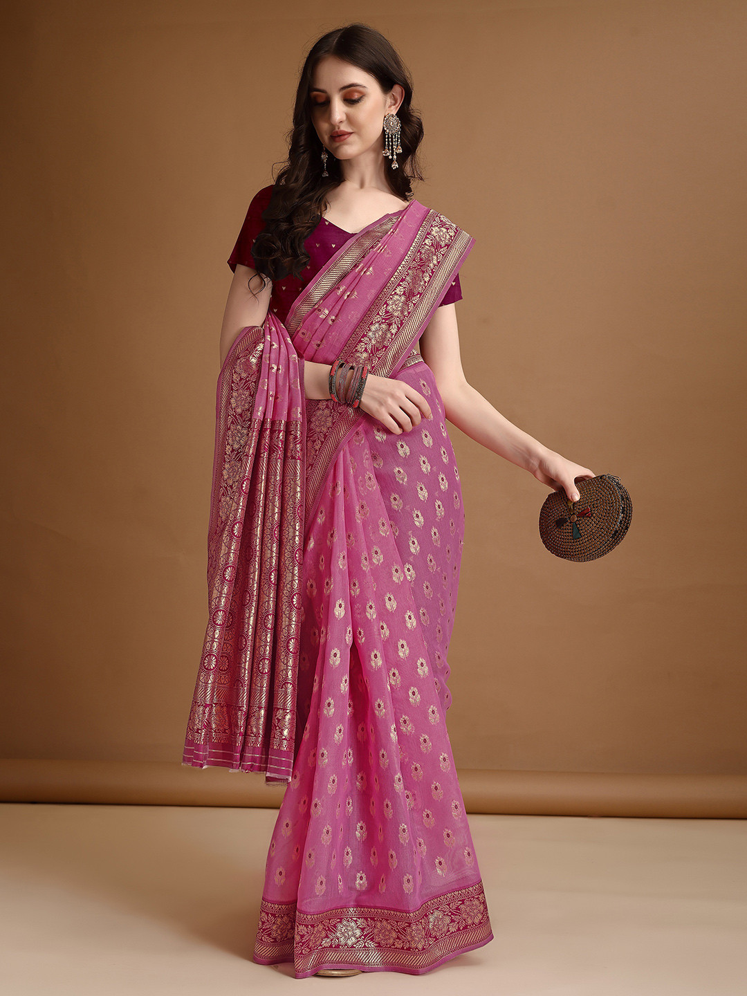 

KAZIA Floral Zari Jamdani Saree, Pink
