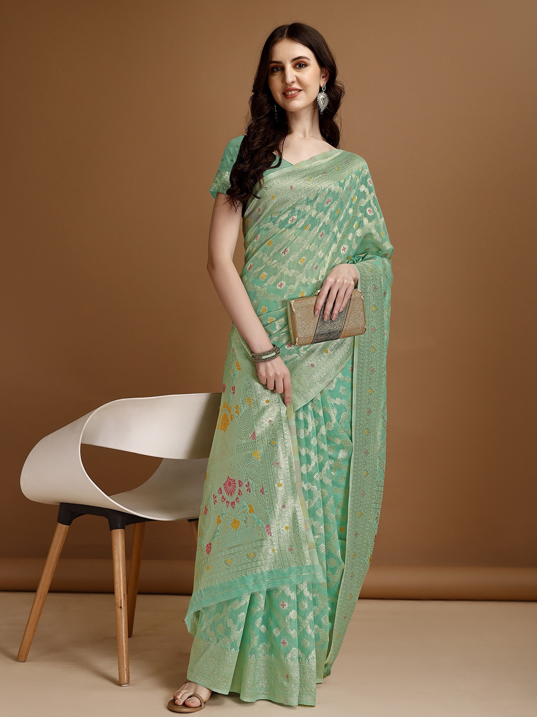 

KAZIA Woven Design Zari Banarasi Saree, Sea green