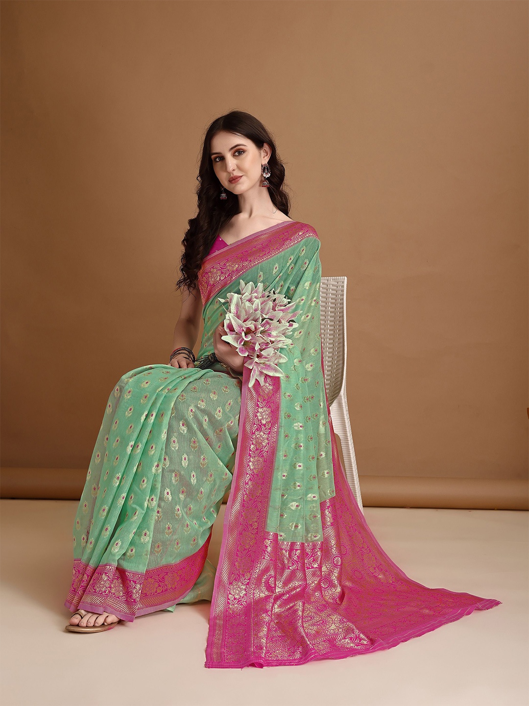 

KAZIA Floral Zari Jamdani Saree, Sea green