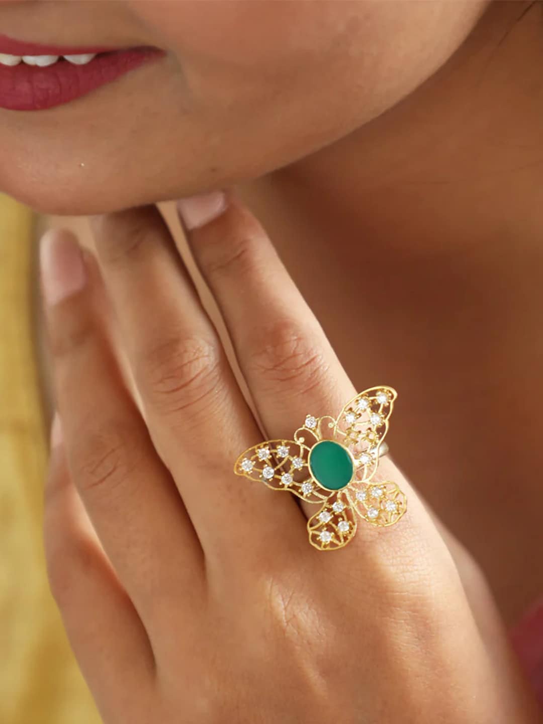 

Unniyarcha 92.5 Silver Gold-Plated Stone Studded Adjustable Finger Ring