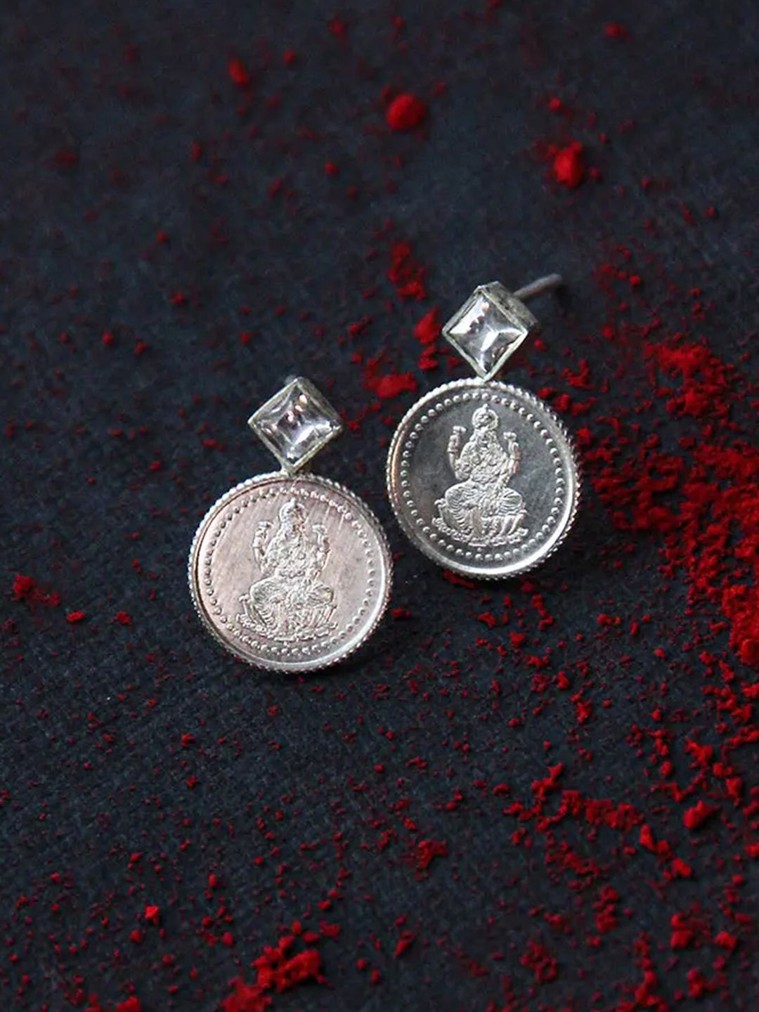 

Unniyarcha Silver Kuber Coin Stones Studded Drop Earrings