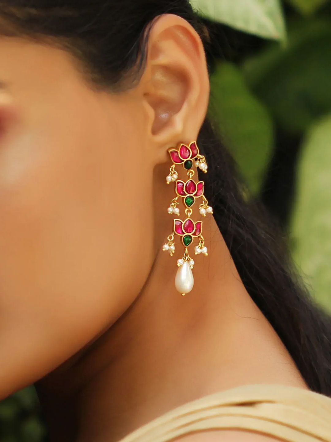 

Unniyarcha Silver Gold Plated Kundan Studded & Pearls Lotus Bloom Drop Earrings