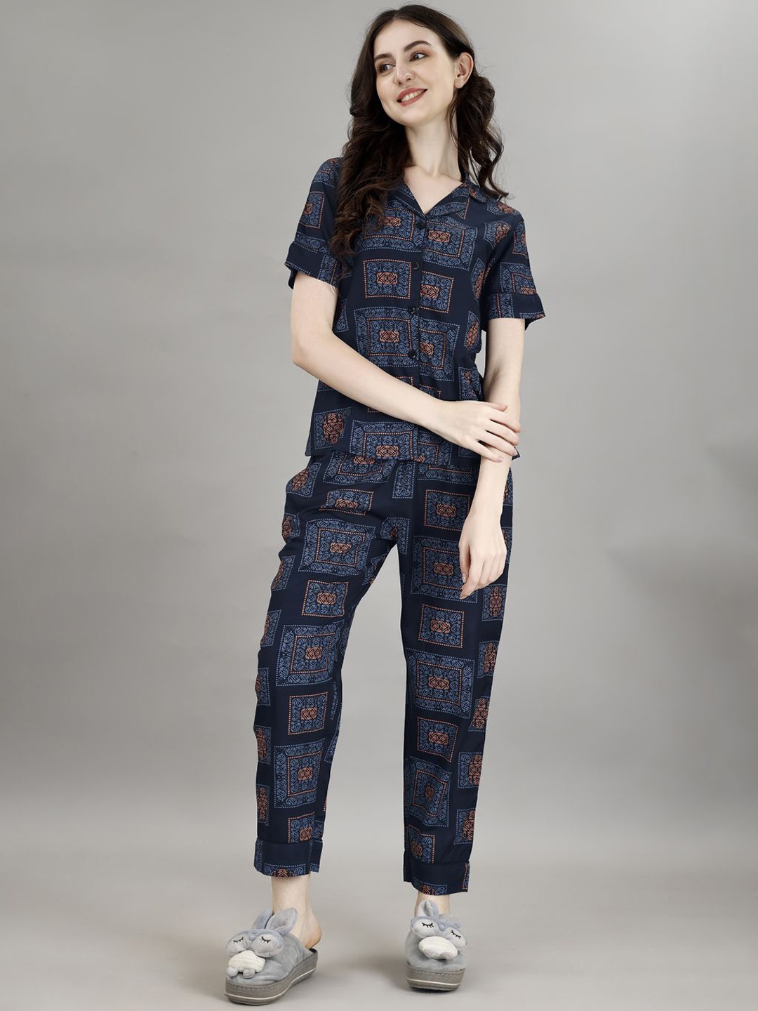 Smarty Pants Geometric Printed Pure Cotton Night suit, Navy blue