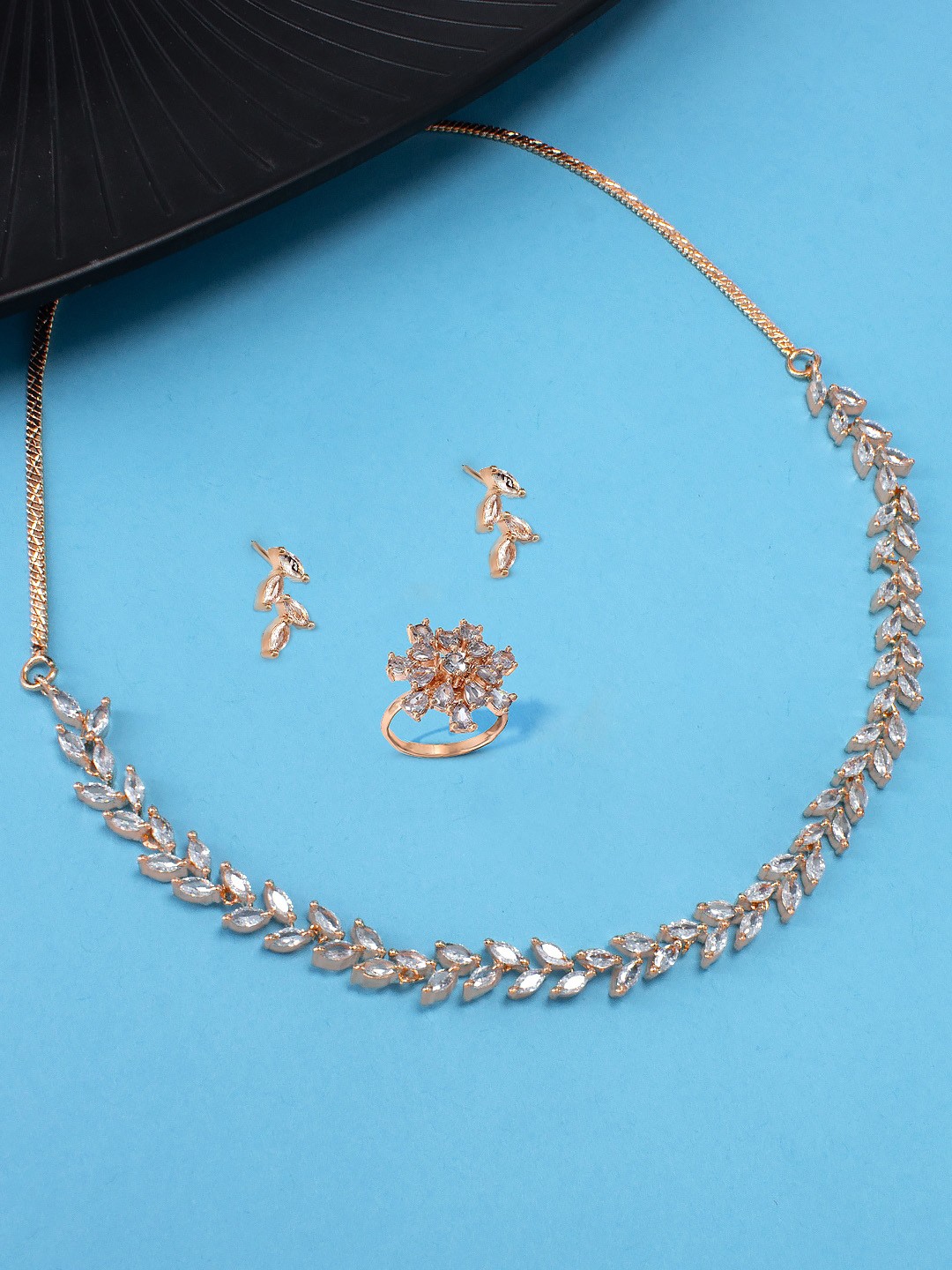 

PRIVIU Rose Gold Plated American Diamond Studded Jewellery Set