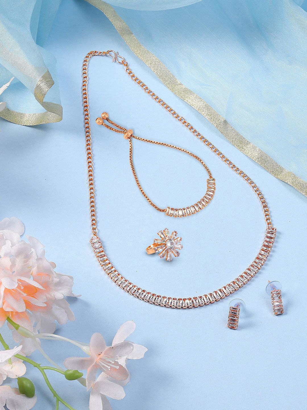 

PRIVIU Rose Gold Plated Cubic Zirconia Studded Jewellery Set